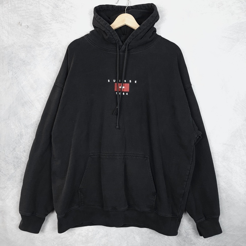 J Galt Hoodie Mens One Size Black Suisse 1984 Flag Graphic Fleece Pullover
